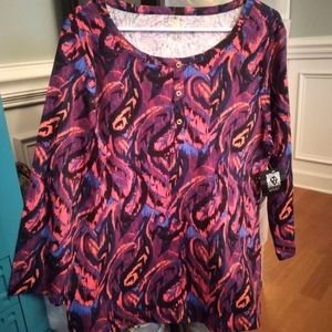 Anne Klein sport women's L blouse. NWT. purple blue dark pink geometric designs